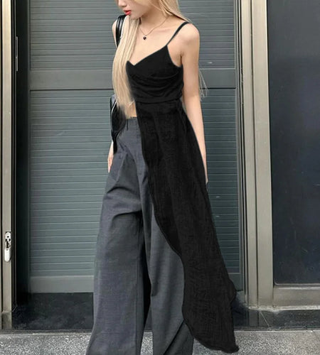 y2k Camisole Top Women Clothes Solid Color V Neck Spaghetti Strap Sleeveless Slit Front T Shirt Tanks 2000s Streetwear