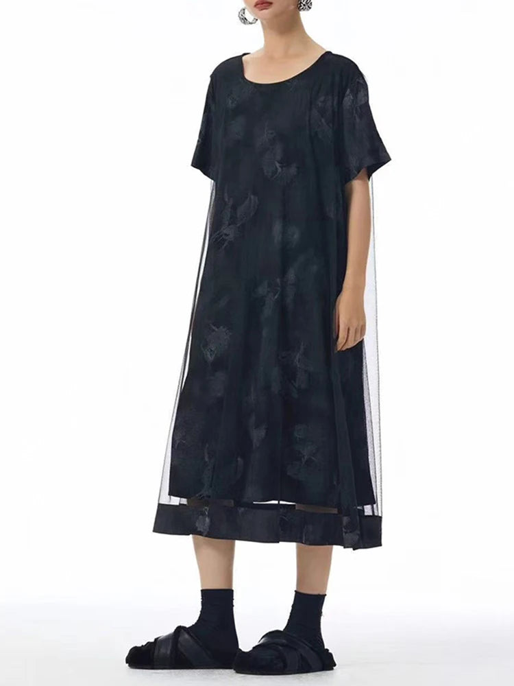 Women Blue Pattern Printed Mesh Big Size Midi Dress New Round Neck Short Sleeve Fashion Tide Spring Summer 2025 1DJ1326