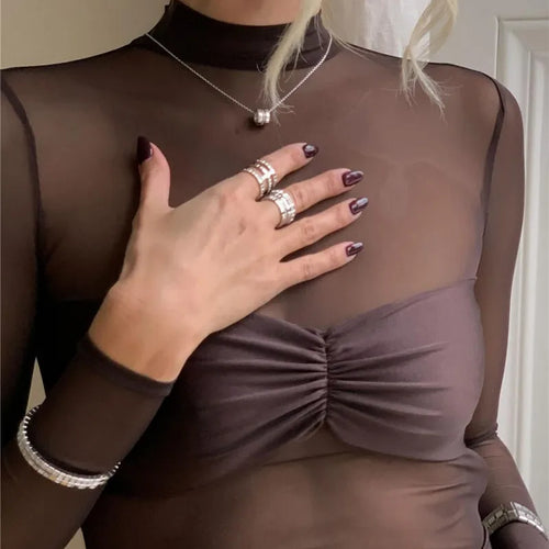 Load image into Gallery viewer, Sheer Long Sleeve Ruched Sexy Maxi Dress Women Fashion Half High Collar See Through Backless Bodycon Sexy Long Dress
