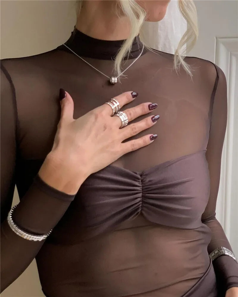 Sheer Long Sleeve Ruched Sexy Maxi Dress Women Fashion Half High Collar See Through Backless Bodycon Sexy Long Dress