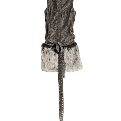 Load image into Gallery viewer, Women Gray Fur Spliced Bandage Elegant Mini Dress New Turtleneck Sleeveless Fashion Tide Spring Autumn 2025 1DH9342
