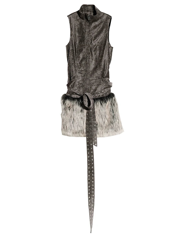 Women Gray Fur Spliced Bandage Elegant Mini Dress New Turtleneck Sleeveless Fashion Tide Spring Autumn 2025 1DH9342