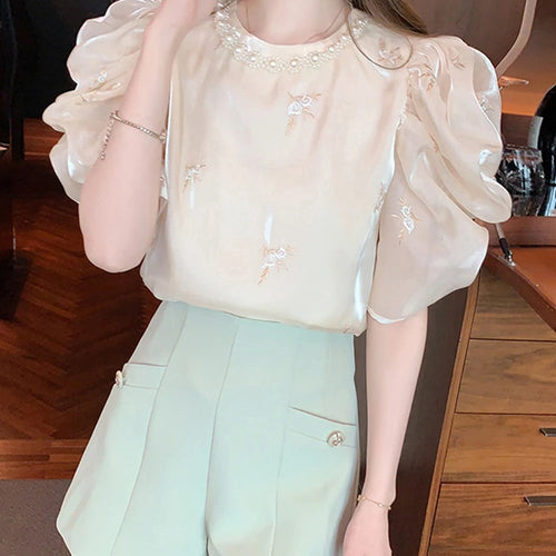 Load image into Gallery viewer, Pearl O-neck Apricot Embroidery Female Blouses Summer Puff Sleeve Elegant Women&#39;s Blouse French Style Chic Office Ladies
