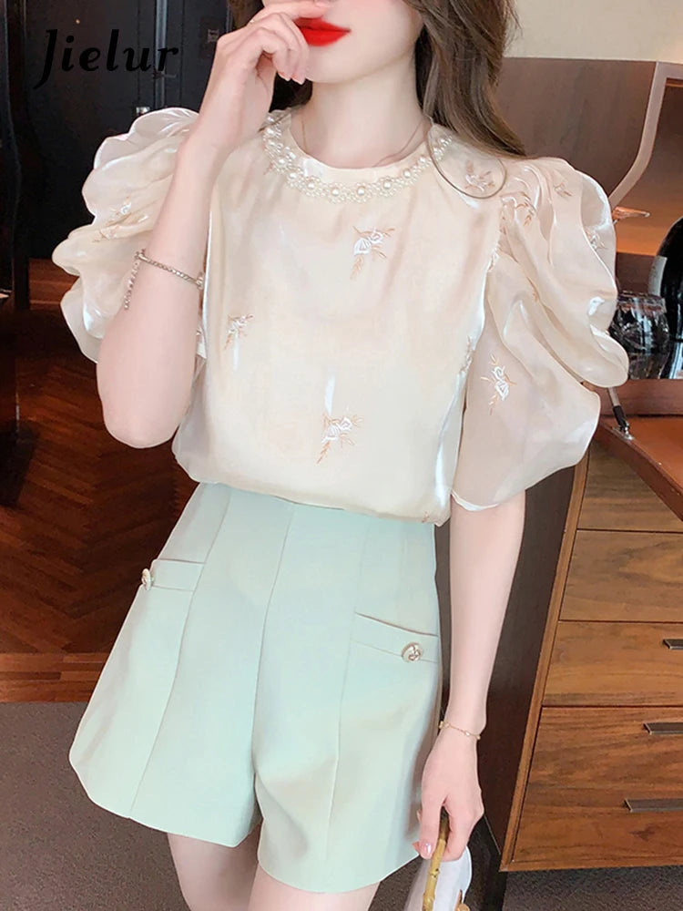 Pearl O-neck Apricot Embroidery Female Blouses Summer Puff Sleeve Elegant Women's Blouse French Style Chic Office Ladies