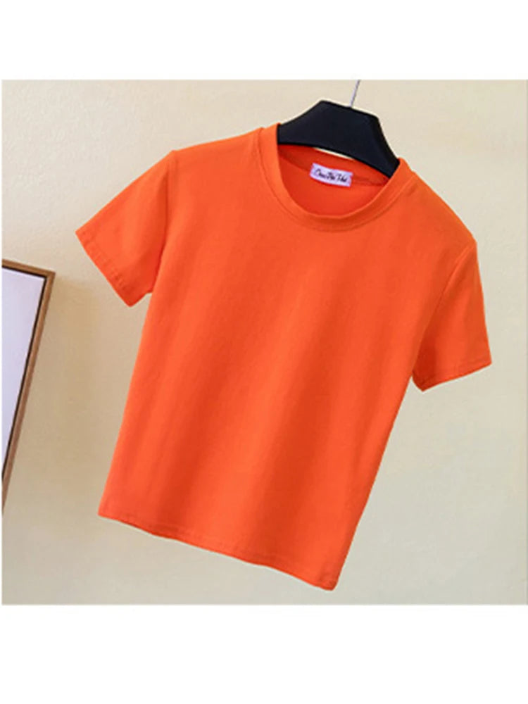 Green Crop Top T-Shirt Female Solid Cotton O-Neck Short Sleeve T-shirts for Women High Waist Slim Short Sport Femme T-Shirt