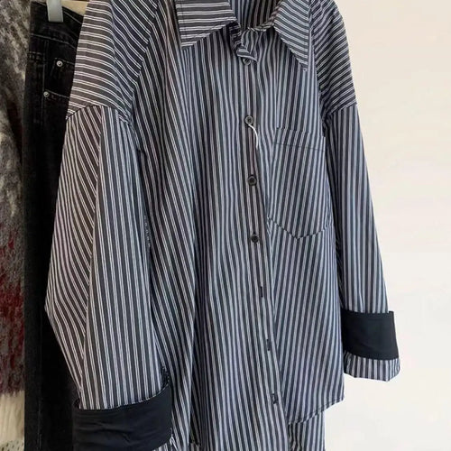 Load image into Gallery viewer, Autumn Vintage Gray Striped Patchwork Single Breasted Shirt Women Casual Loose Long Sleeve Fashion Blouses Tops Streetwear Trend
