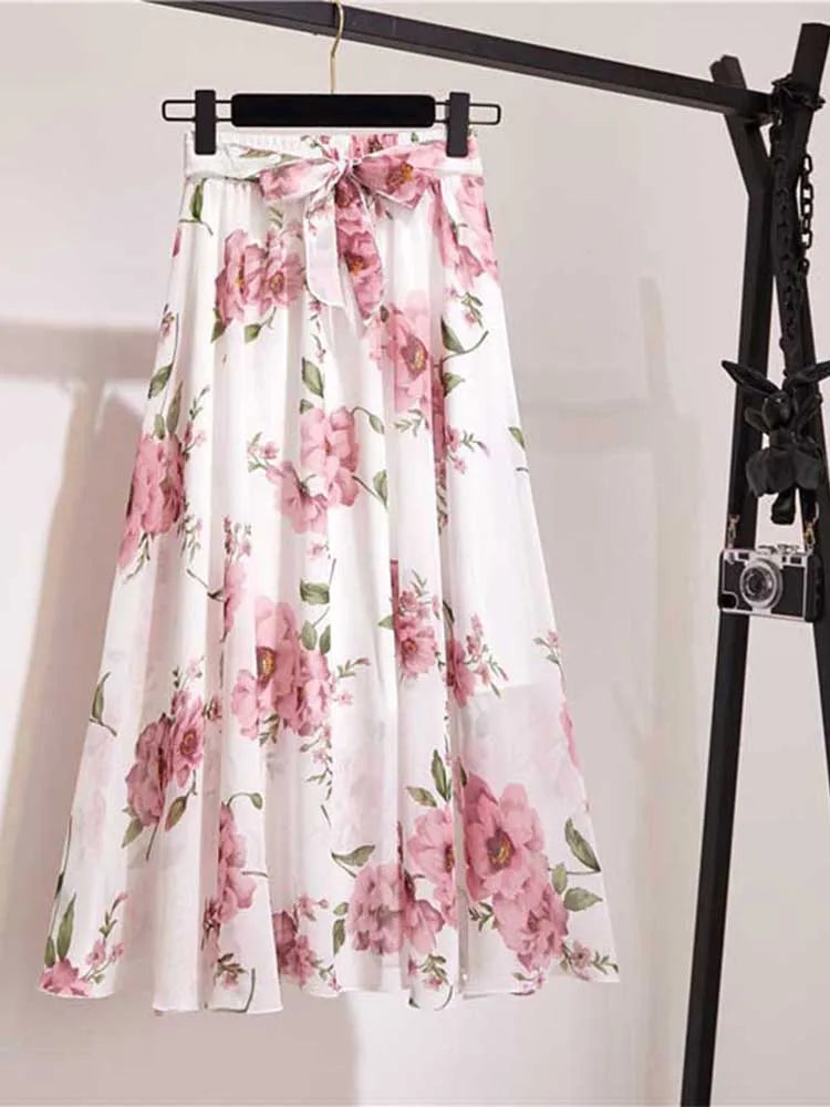 Long Skirt Women For 2024 Spring Summer Lady Korean Style White Black Chiffon Sun School High Waist Midi Skirt Female