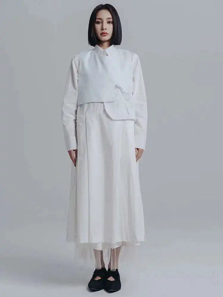 Women White Pleated Irreuglar Big Size Shirt Dress New Lapel Long Sleeve Loose Fit Fashion Tide Spring Autumn 2025 1DE7026