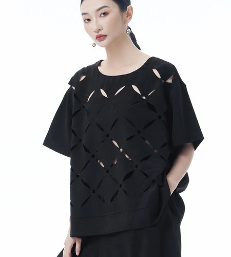 Women Gray Black Hollow Out Big Size Casual T-shirt New Round Neck Short Sleeve Fashion Tide Spring Summer 2025 1DJ1243