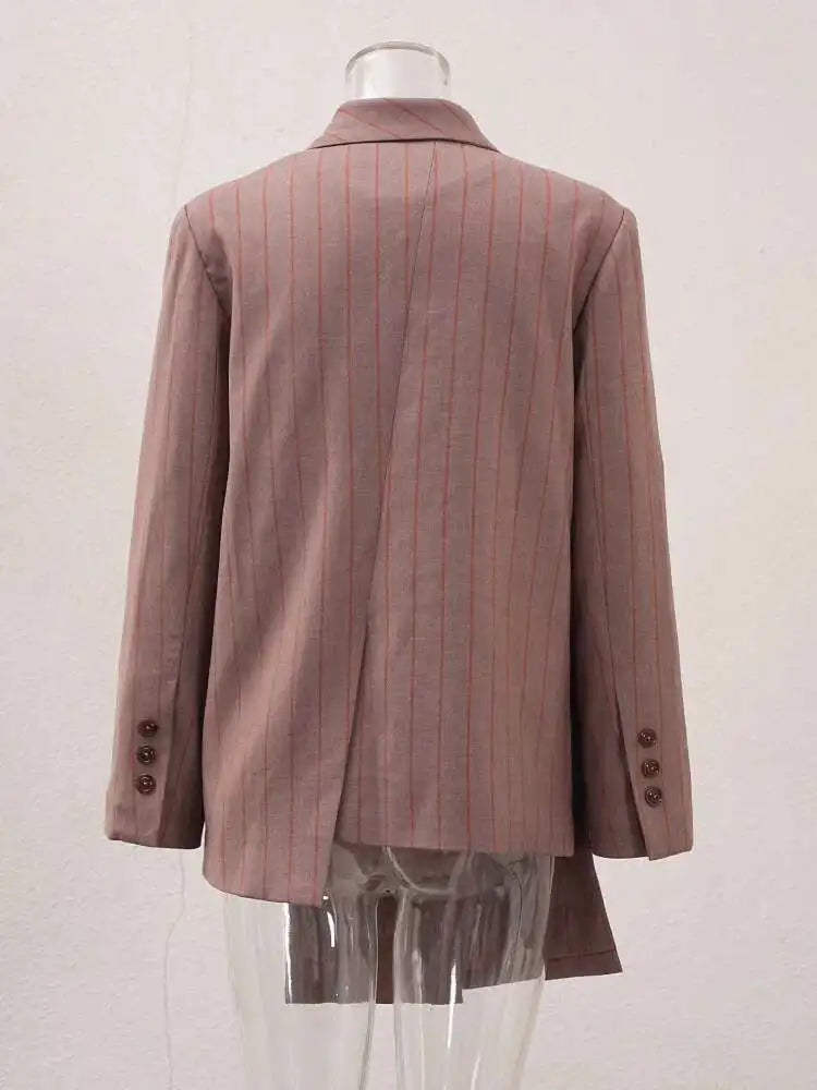Women Brown Striped Irregular Elegant Big Size Blazer New Lapel Long Sleeve Jacket Fashion Tide Spring Autumn 2025 CPDB202