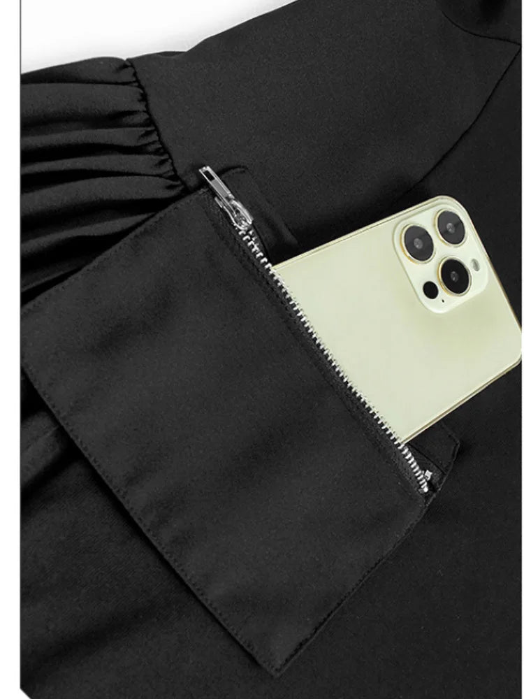 Women Black Pocket Pleated Big Size Midi Casual Dress New Round Neck Short Sleeve Fashion Tide Spring Summer 2025 1DJ0137