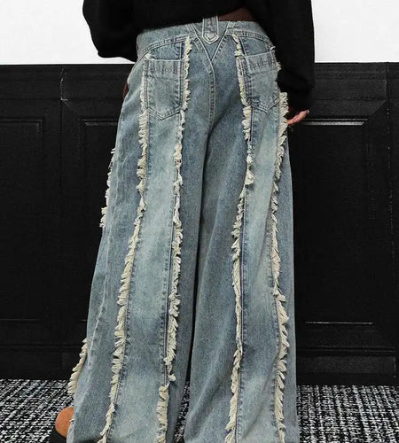 High Waist Blue Burr Denim Vintage Shaped Casual Wide Leg Jeans New Women Trousers Fashion Tide Spring Autumn 2025 1DH9396