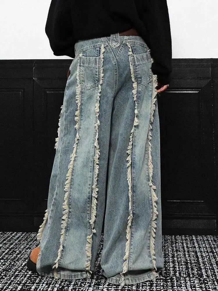 High Waist Blue Burr Denim Vintage Shaped Casual Wide Leg Jeans New Women Trousers Fashion Tide Spring Autumn 2025 1DH9396