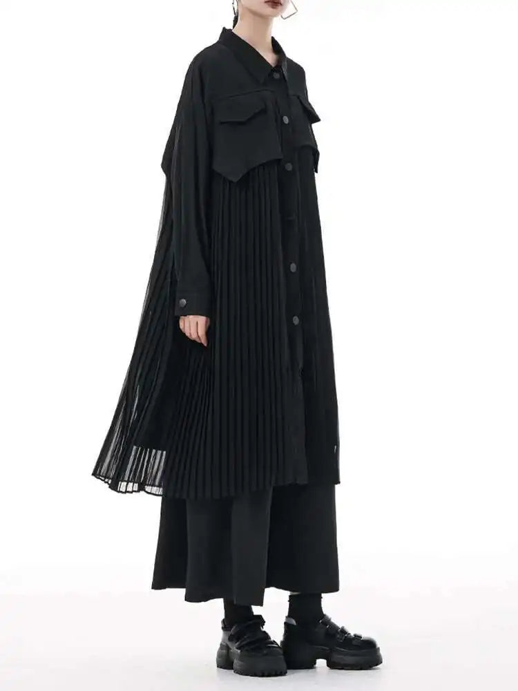 Women Army Green Pleated Spliced Big Size Midi Shirt Dress New Lapel Long Sleeve Fashion Tide Spring Autumn 2025 1DH6927