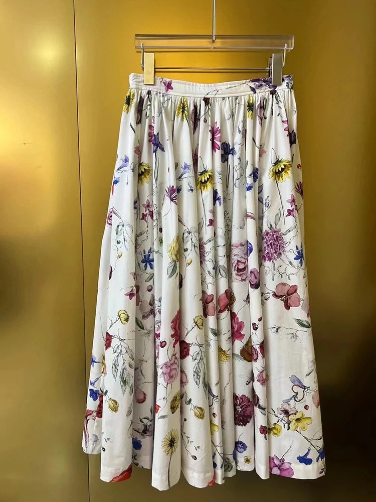 Colorblock Printing Casual Skirts For Women High Waist Patchwork Folds Temperament Loose Skirt Female Fashion