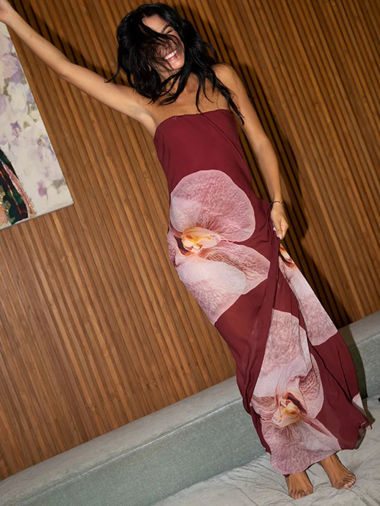 Floral Print Strapless Sexy Maxi Dress For Women Gown Patchwork Off-shoulder Backless Sleeveless Print Long Dress