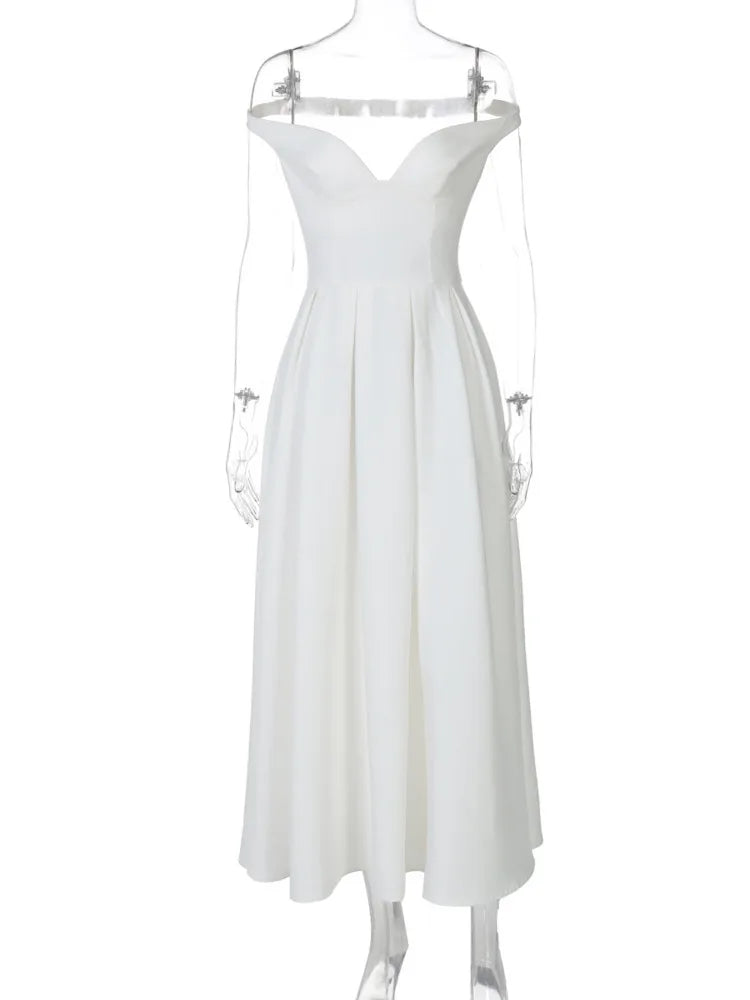 Off-shoulder Backless Pleated Maxi Dress Women Fashion Strapless Sleeveless High Waist A-line Club Long Dress Elegant