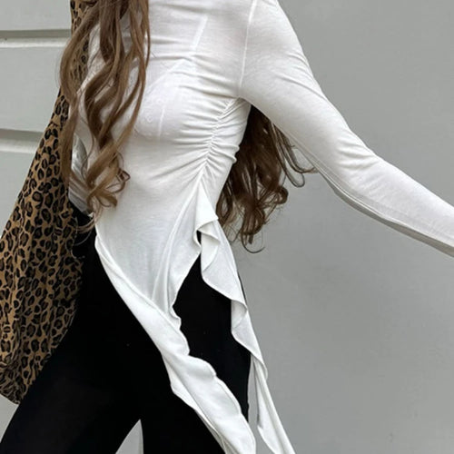 Load image into Gallery viewer, Y2k Aesthetic Irregular Ruffled Crop Tops Vintage Harajuku Autumn Solid T-Shirt Streetwear Sexy Slim Fit Pleated Grunge Shirt
