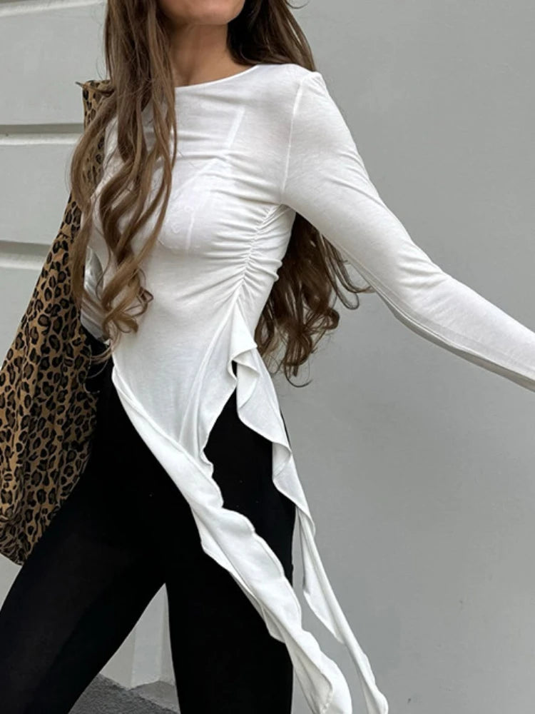 Y2k Aesthetic Irregular Ruffled Crop Tops Vintage Harajuku Autumn Solid T-Shirt Streetwear Sexy Slim Fit Pleated Grunge Shirt