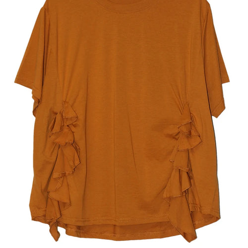 Load image into Gallery viewer, Women Black Ruffles Irregular Big Size Casual T-shirt New Round Neck Short Sleeve Fashion Tide Spring Summer 2025 1DJ0484
