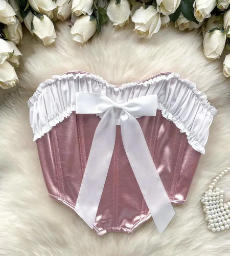 New Sweet Pink White Patchwork Sexy Backless Bow Strapless Backless Irregular Short Tops Women Summer Sleeveless Fashion Clothes