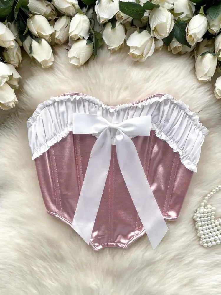 New Sweet Pink White Patchwork Sexy Backless Bow Strapless Backless Irregular Short Tops Women Summer Sleeveless Fashion Clothes