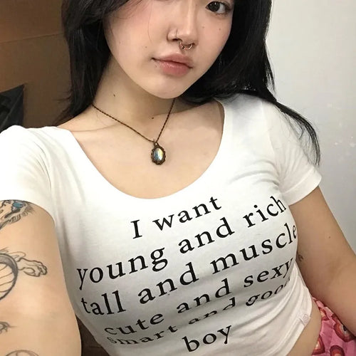 Load image into Gallery viewer, Korean Fashion Crop Tops Grunge Letter Print T-shirts Kpop Sexy Slim Short Sleeve Tee Shirts Japanese Style Streetwear
