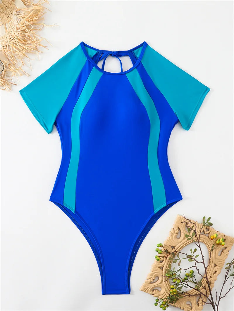 Short Sleeve One Piece Swimsuit 2024 Swimwear for Women Sexy Hollow Out Bathing Suit Backless Monokini