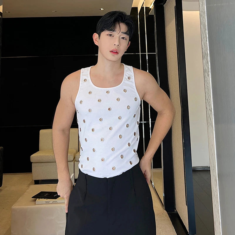 Hollow Out Vest Trend Men's Niche Design Metal Hole Personality Pullover Tank Top Korean Style Sleeveless Streetwaer 9C1564