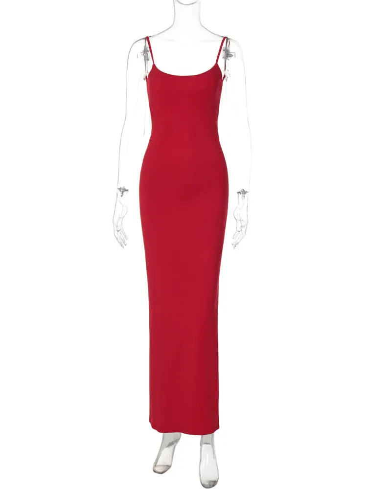 Spaghetti Strap Backless Sexy Maxi Dress For Women Fashion Lace-up Sleeveless Bodycon Club Party Back Slit Long Dress