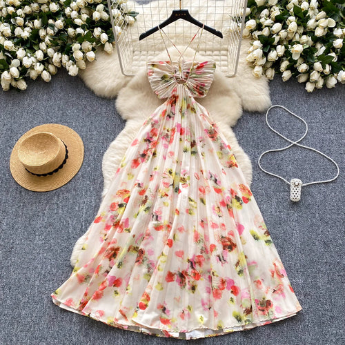 Load image into Gallery viewer, Summer New French Women's Beige Floral Temperament Pleated Slip Dress Vintage Elegant Hollow Out Backless Evening Dress Bohemian

