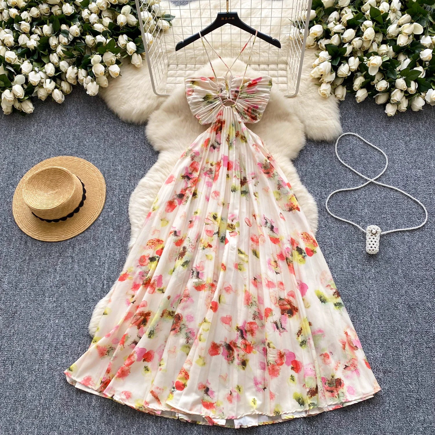 Summer New French Women's Beige Floral Temperament Pleated Slip Dress Vintage Elegant Hollow Out Backless Evening Dress Bohemian