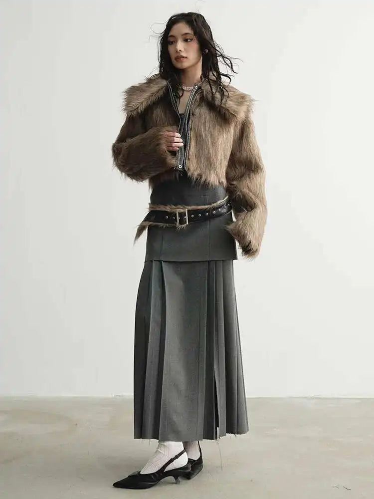 Women Geay Leather Hem Pleated Wool Belt Long Elegant Dress New Halter Sleeveless Fashion Tide Spring Autumn 2025 1DH7227