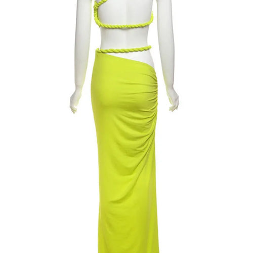 Load image into Gallery viewer, Green Sexy Two Piece Sets Women Oblique Shoulder Crop Tops And Maxi Skirt Female Thigh High Split Ruched Long Dress
