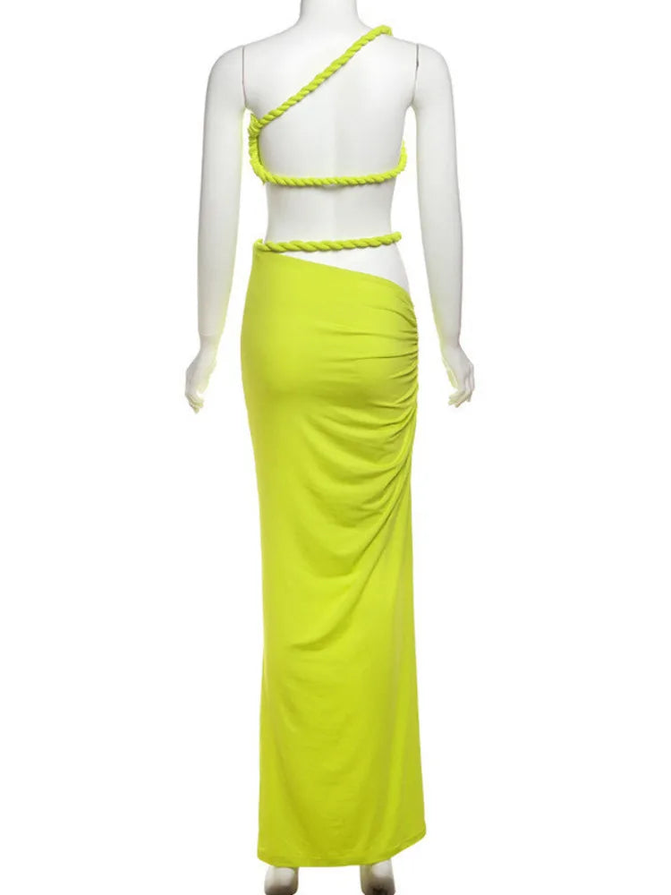 Green Sexy Two Piece Sets Women Oblique Shoulder Crop Tops And Maxi Skirt Female Thigh High Split Ruched Long Dress