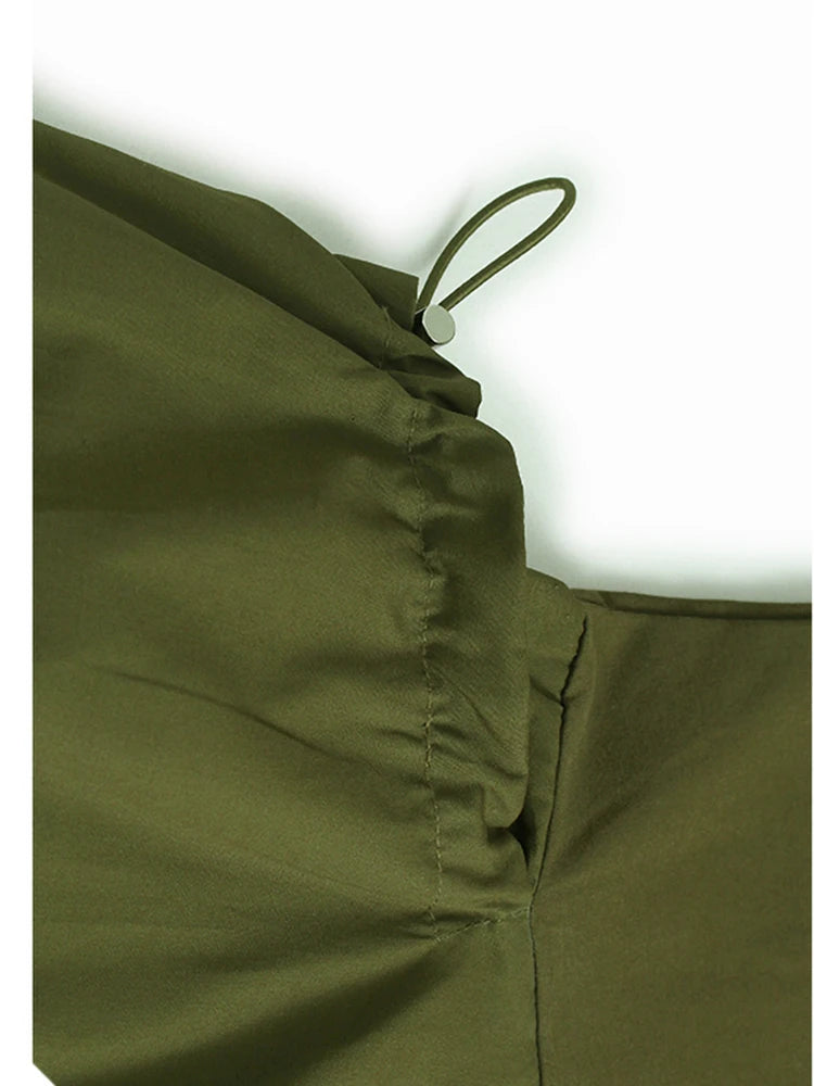 Women Green Drawstring Pocket Big Size Midi Dress New Round Neck Short Sleeve Fashion Tide Spring Summer 2025 1DJ1355