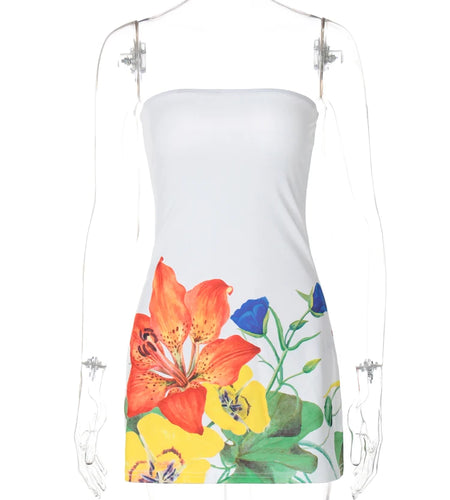 Summer Flower Print Strapless Backless Sexy Bodycon Mini Dress Women Elegant Y2K Clothes Party Beach Vacation