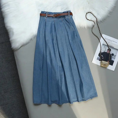 Load image into Gallery viewer, Korean Style High Waist Retro Belt Long Skirts For Women Fashion 2023 Summer Thin A-line Denim Skirt Women&#39;s Midi Elastic Skirt
