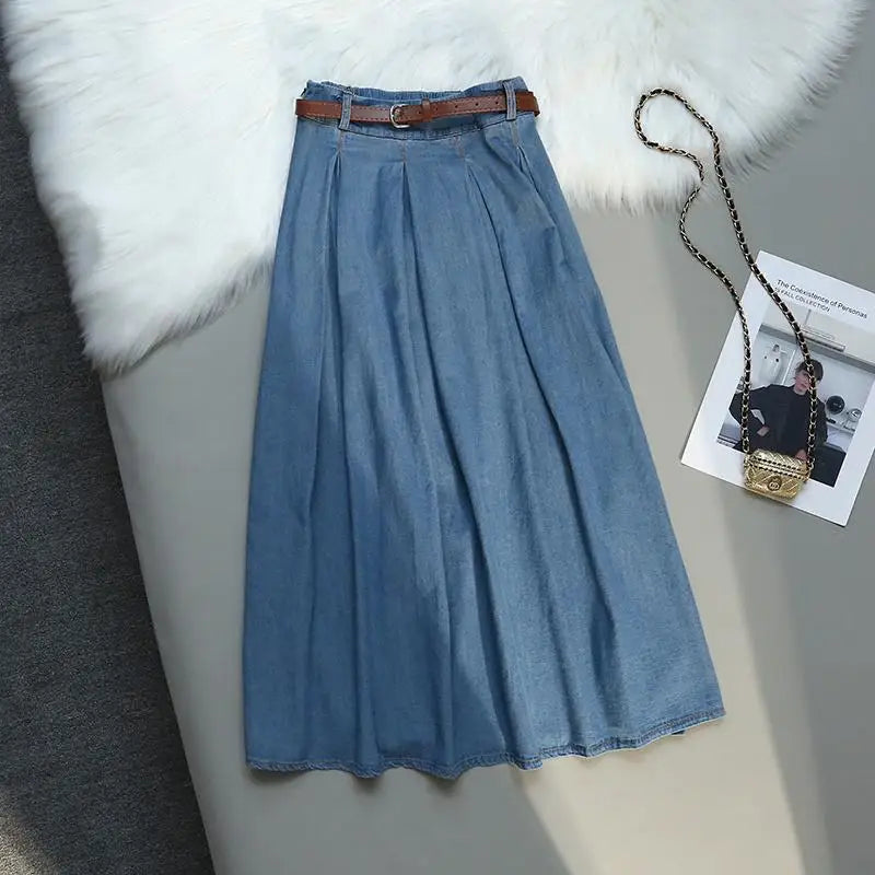 Korean Style High Waist Retro Belt Long Skirts For Women Fashion 2023 Summer Thin A-line Denim Skirt Women's Midi Elastic Skirt