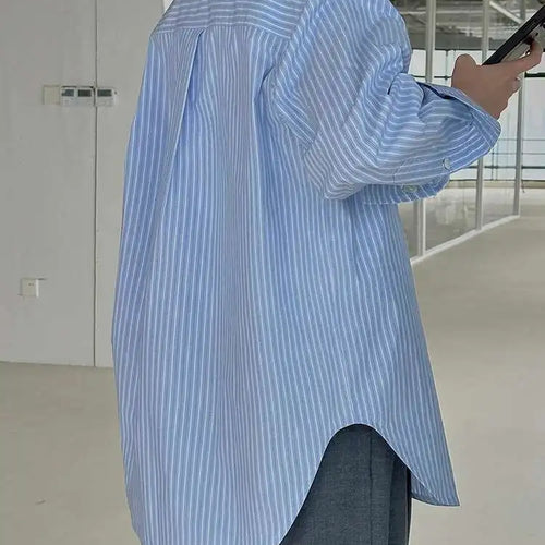 Load image into Gallery viewer, Women Blue Striped Vintage Big Size Blouse New Lapel Long Sleeve Loose Fit Shirt Fashion Tide Spring Autumn 2025 1DH1021
