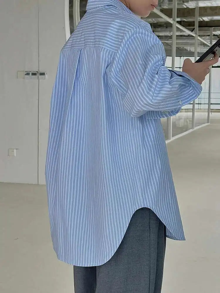 Women Blue Striped Vintage Big Size Blouse New Lapel Long Sleeve Loose Fit Shirt Fashion Tide Spring Autumn 2025 1DH1021