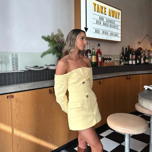 Load image into Gallery viewer, Off-shoulder Strapless Sexy Blazer Dress For Women Fashion Solid Zipper Two Pocket Long Sleeve Backless Mini Dress
