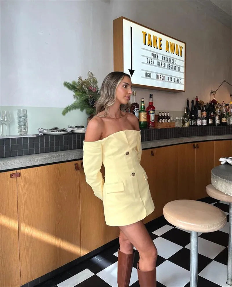 Off-shoulder Strapless Sexy Blazer Dress For Women Fashion Solid Zipper Two Pocket Long Sleeve Backless Mini Dress