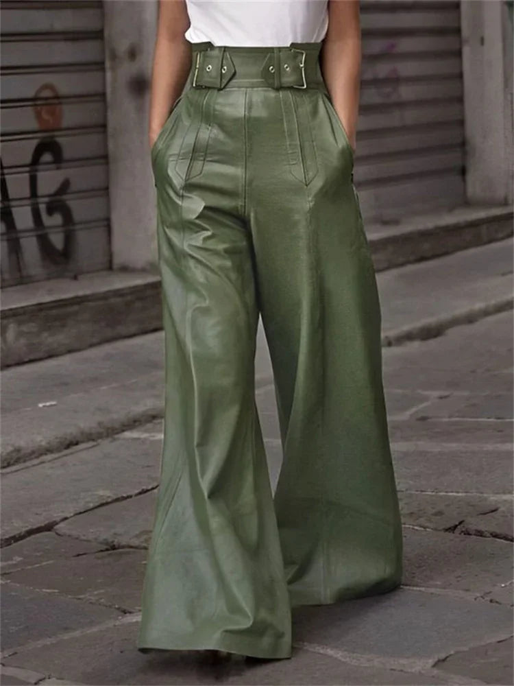 Autumn Spring Women's Faux Pu Long Pants High Waisted Loose Pleated Pockets Streetwear Female Wide Leg Trousers