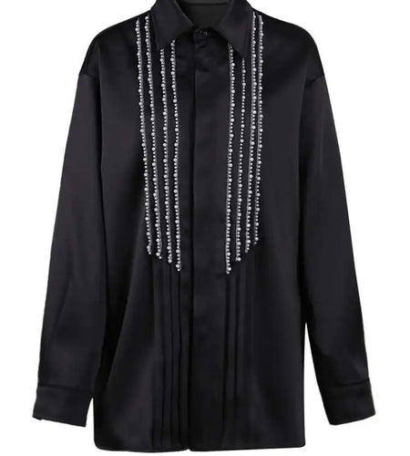 Women Black Pearl Nailed Big Size Elegant Blouse New Lapel Long Sleeve Shirt Fashion Tide Spring Autumn 2025 CPG2792