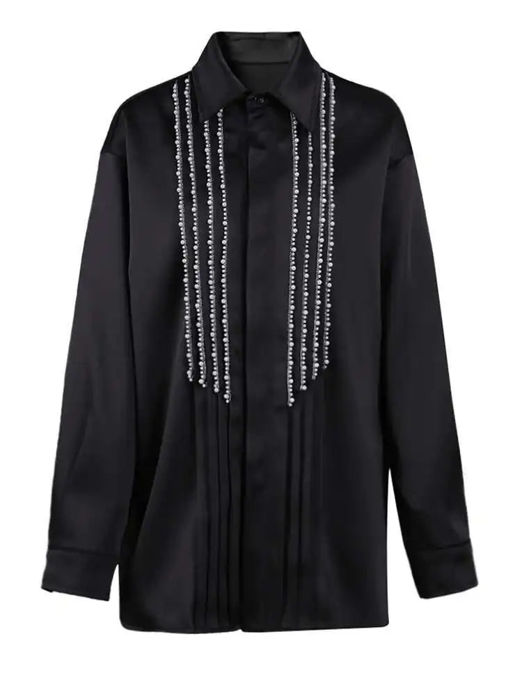 Women Black Pearl Nailed Big Size Elegant Blouse New Lapel Long Sleeve Shirt Fashion Tide Spring Autumn 2025 CPG2792
