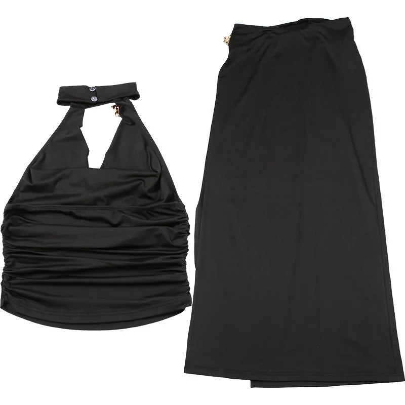 Sexy Sleeveless Skirt Two Pieces Sets For Women Metal Buckle Backless Tops And Thigh Split Long Skirt Two Pieces Sets