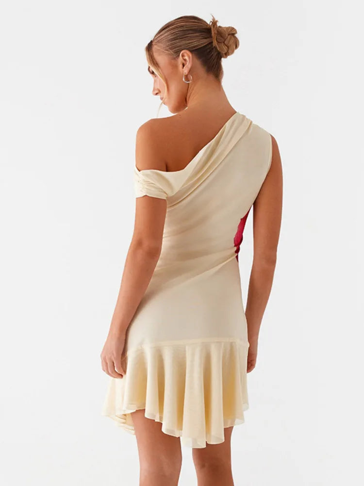 Skew Collar Ruffled Print Sexy Mini Dress For Women Off-shoulder Sleeveless Backless High Waist Printed Dress Vestido