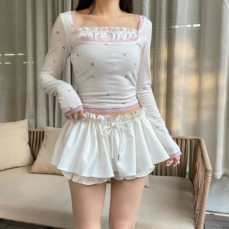 Hotsweet Coquette White Ruched Shorts Skirt Women Ruched Korean Fashion Shirring Summer Skirt Kawaii Y2K Ruffles Chic