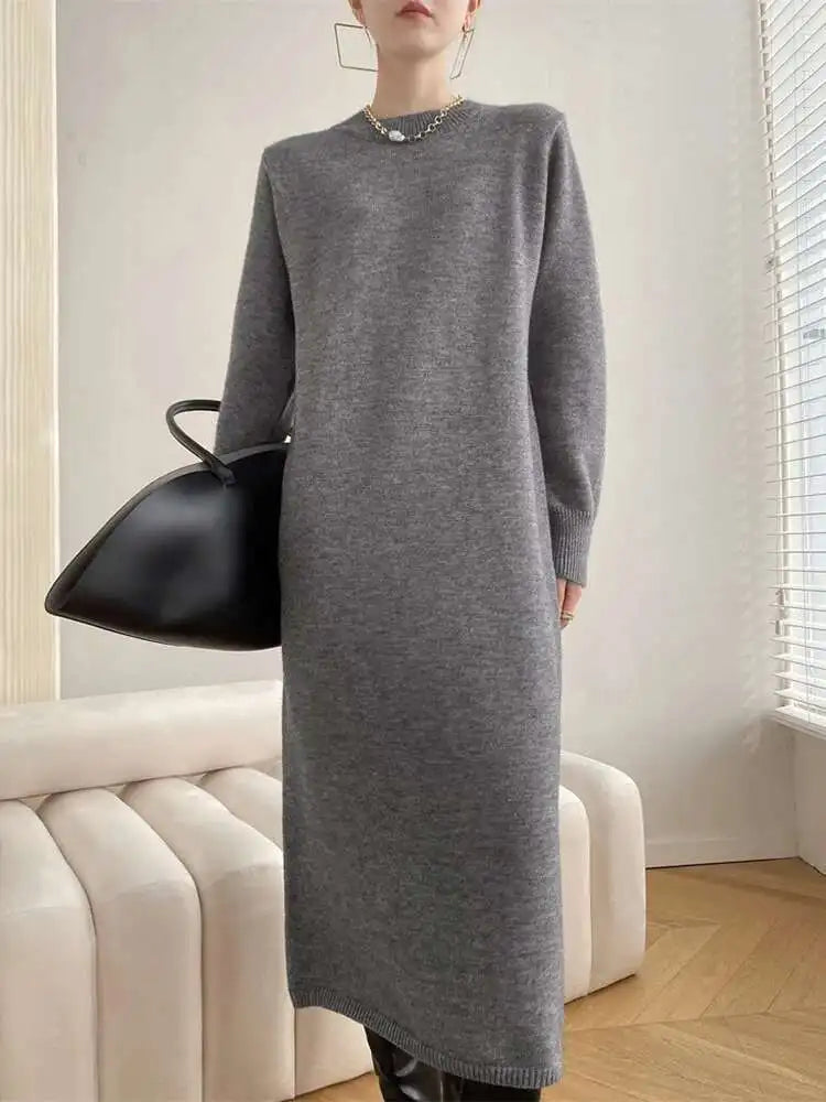 Women Rose Red Casual Midi Elegant Knitting Dress New Round Neck Long Sleeve Fashion Tide Spring Autumn 2025 1DH6450